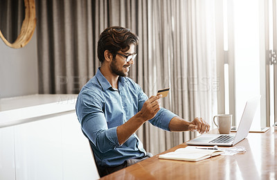 Buy stock photo Happy man, credit card and laptop in work from home office, online shopping and fintech payment of budget. Male person, computer and ecommerce banking for finance, investment and internet transaction