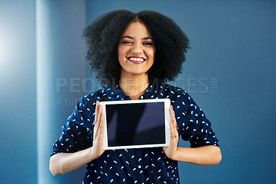 Buy stock photo Woman, portrait and tablet screen with mockup space for website, internet and network promotion. Technology, blank display and digital advertising for logo, brand or app ux with a happy female model