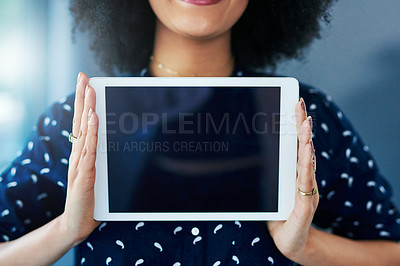 Buy stock photo Hands, woman and tablet with mockup screen for website, internet and network promotion. Technology, display space and digital advertising for logo, brand or app ux with a female model or user