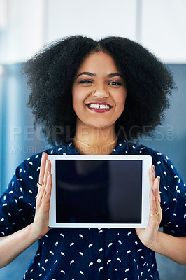 Buy stock photo Happy woman, tablet and mockup screen with space for website, internet and network promotion. Technology, blank display and digital advertising for logo, brand or app ux with portrait a female model