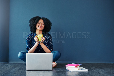 Buy stock photo Laptop, coffee and portrait of female student with books for studying on the floor by a blue wall. Happy, smile and woman learning knowledge for a education test, exam or project with a computer.