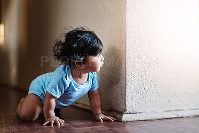 Buy stock photo Baby, crawling and floor for play at house with learning mobility development, motor growth and explore of freedom. Child, boy and curious with muscle health, adventure and balance support at home