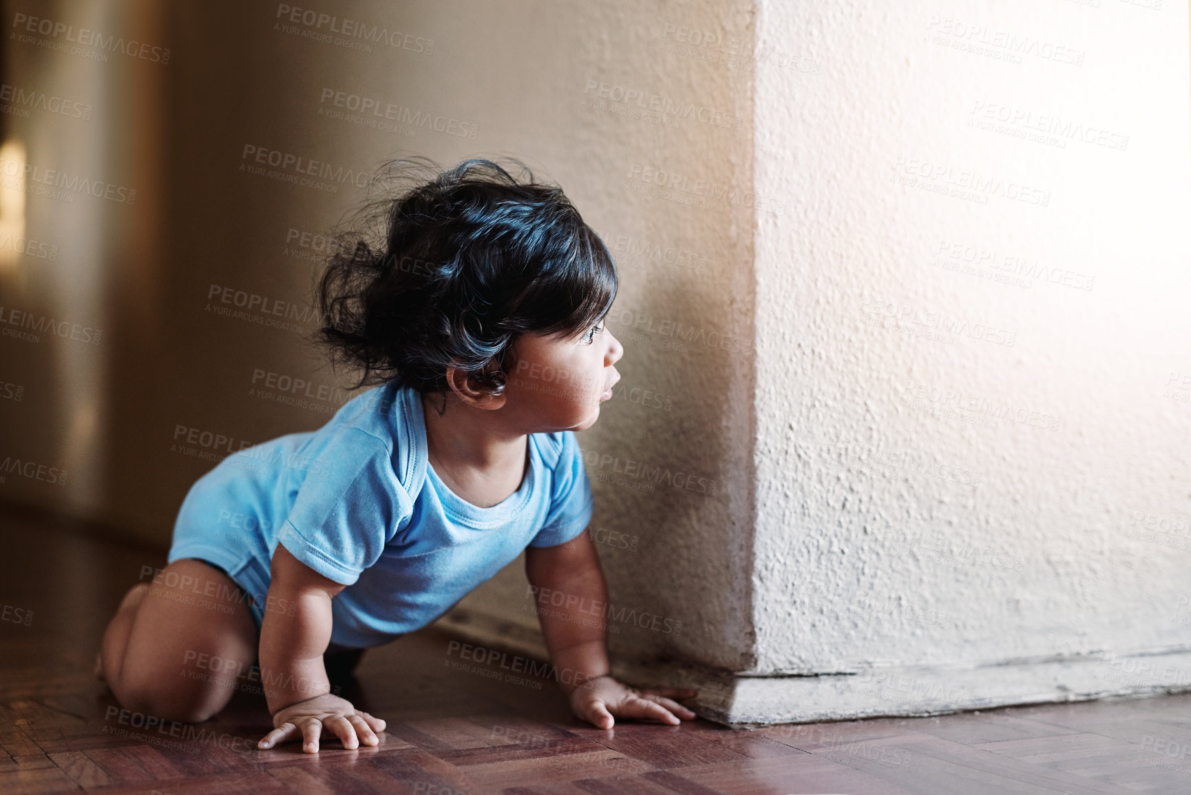 Buy stock photo Baby, crawling and floor for play at house with learning mobility development, motor growth and explore of freedom. Child, boy and curious with muscle health, adventure and balance support at home