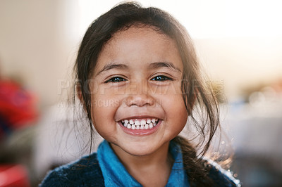 Buy stock photo Excited, girl and portrait for school with face, first day and happiness in Brazil. Smile, female child and ready for kindergarten, learning and education at home for growth, knowledge and fun