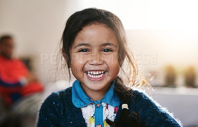 Buy stock photo Girl, portrait and excited for school with face, first day and happiness in Brazil. Smile, female child and ready for kindergarten, learning and education at home for growth, development and fun