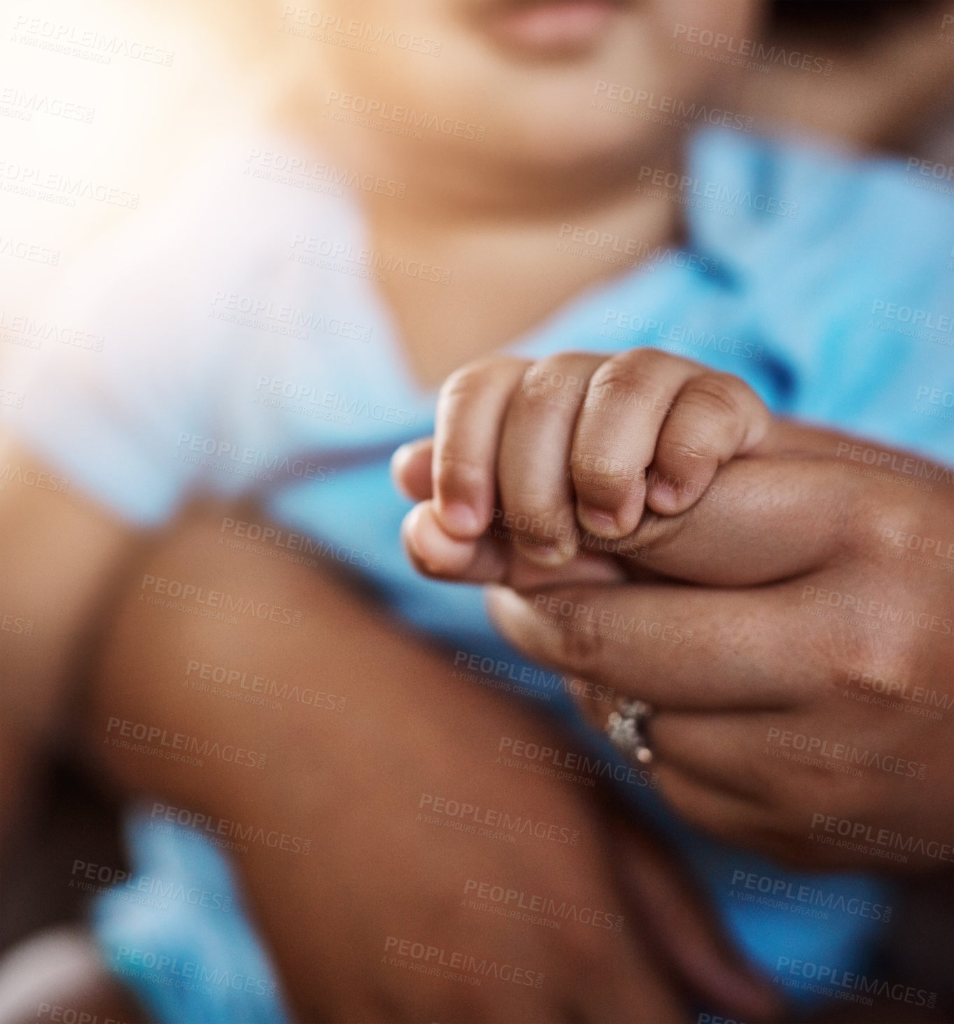 Buy stock photo Parent, toddler and holding hands at home for support, care and bonding for child development or growth. People, baby and closeup as family for love, trust and relax on maternity break for parenthood