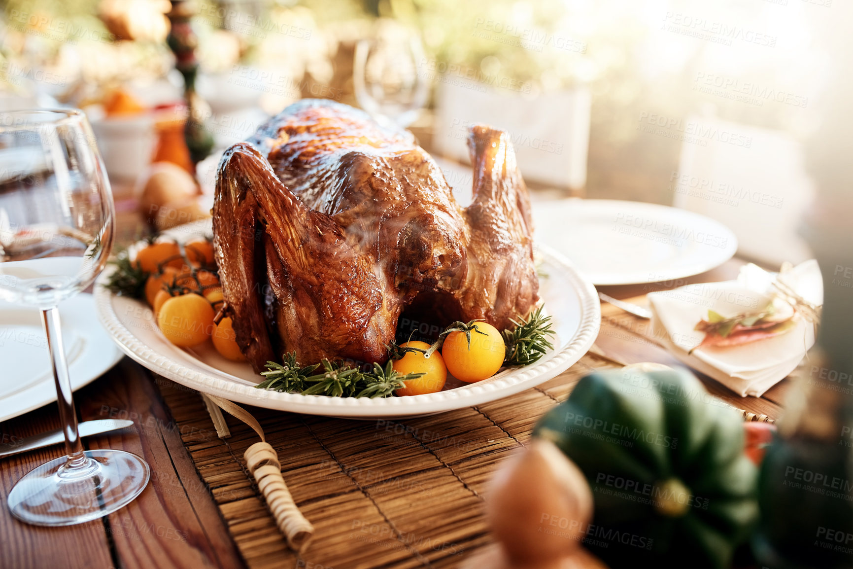 Buy stock photo American, thanksgiving and dinner of turkey, food and vegetables on dining table outdoor. Usa, tradition and culture as celebration, express gratitude and reflect on blessings with meat on backyard