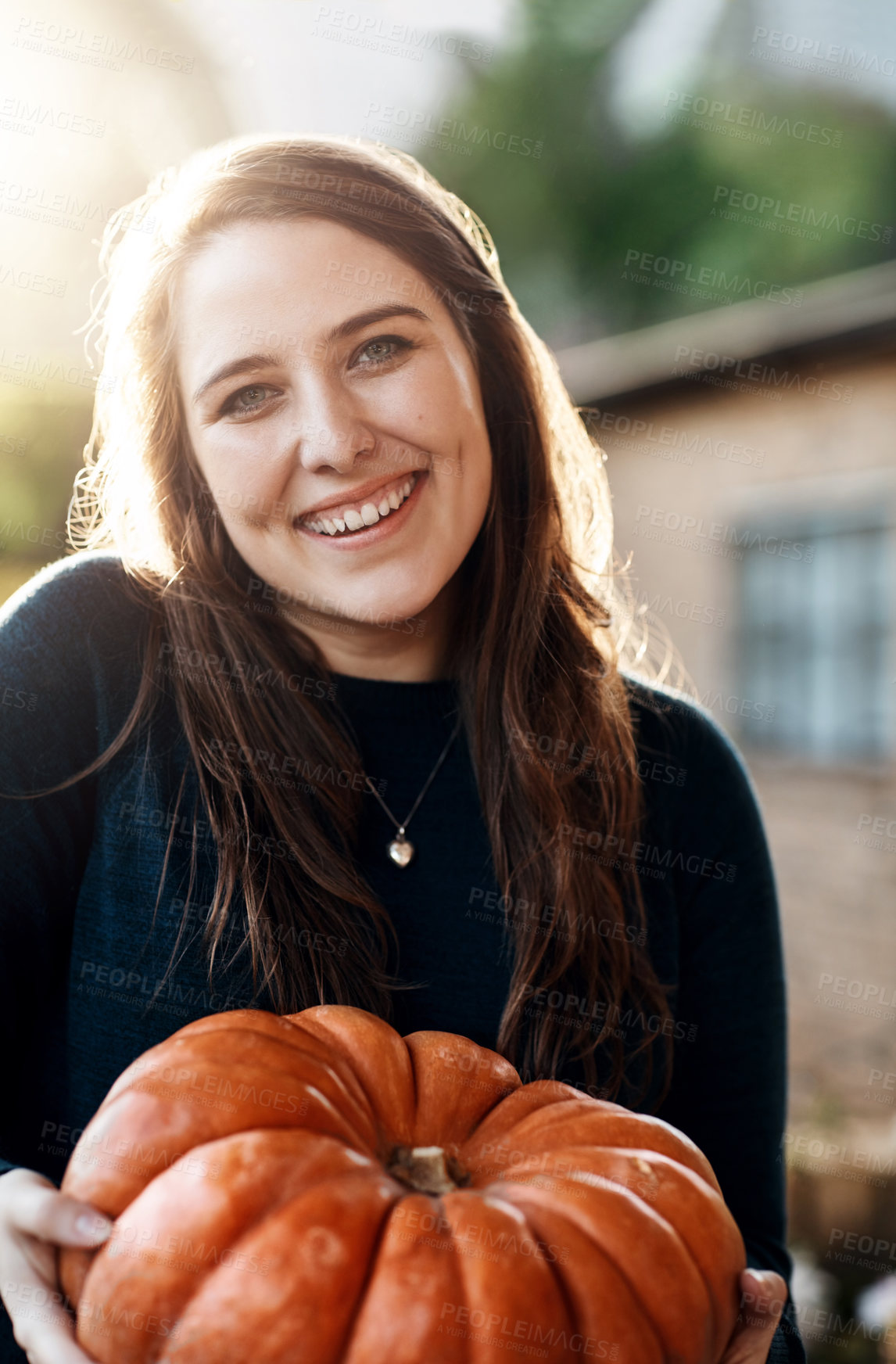 Buy stock photo Portrait, pumpkin and thanksgiving with woman in garden for celebration or festive event. Face, happy and vegetable with confident person outdoor in USA for July holiday or tradition in autumn season