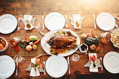 Buy stock photo Top view, turkey meat and table of food for dinner, thanksgiving and culinary for healthy meal for lunch. Cutlery, fork and knife on wooden tabletop with vegetables, tasty chicken or plate for feast