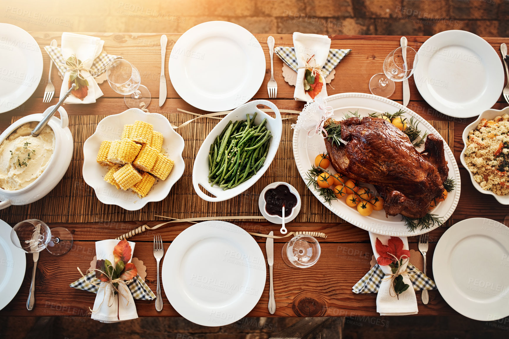 Buy stock photo High angle shot of a dining table all laid out for Thanksgiving