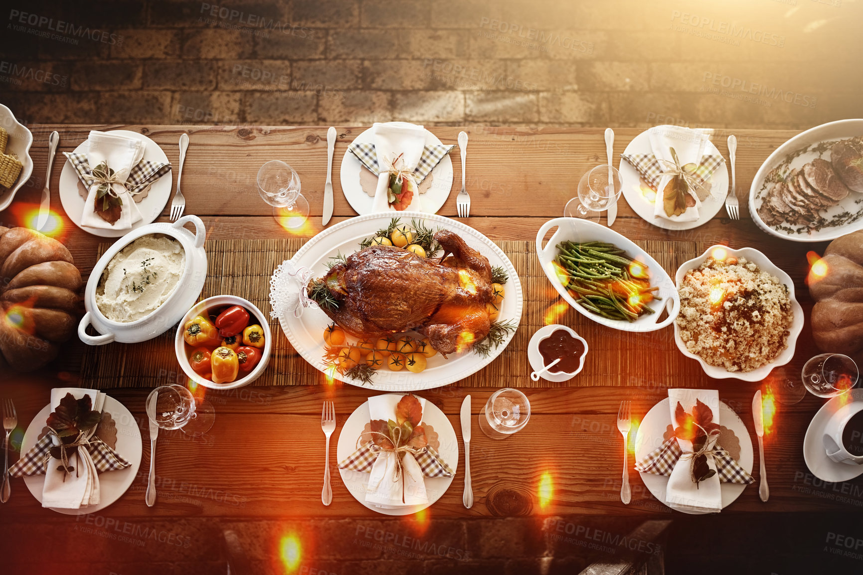 Buy stock photo Thanksgiving, meal or top view of turkey on outdoor table for gratitude, diet and grace holiday lunch in home. Background, tradition and festive celebration for dining feast with light, plate or food