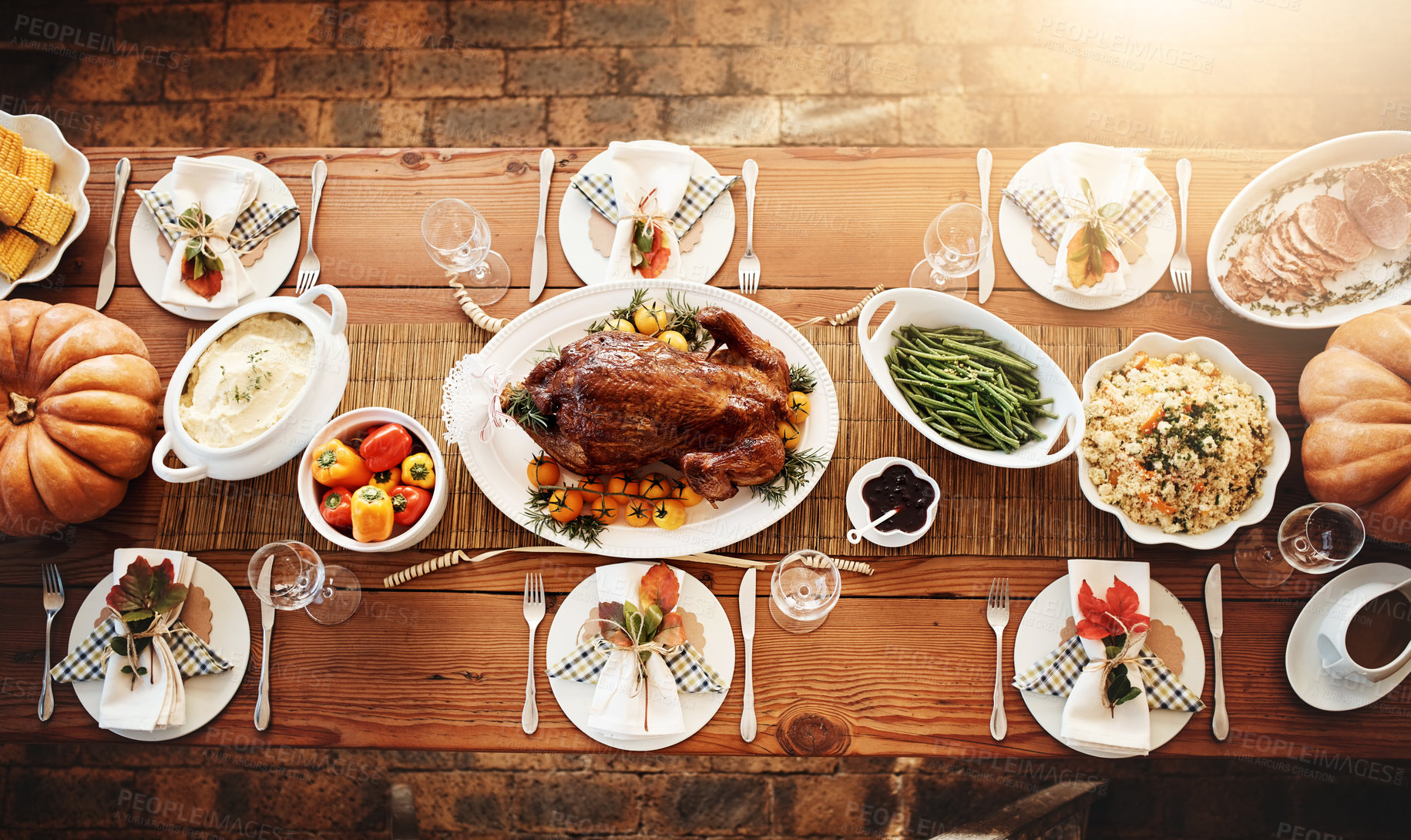 Buy stock photo Thanksgiving, holiday and meal for feast, table setting and top view, food and creative. Restaurant, glass and catering for event, celebration and dinner of buffet, cuisine and vegetable with meat