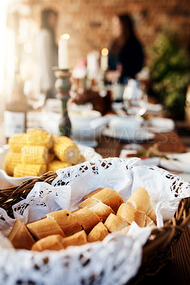 Buy stock photo Easter, holiday and bread in basket, celebration and food for festive, healthy and religion in dining room. Closeup, top view and table for Pasqua in Italy, breakfast or meal in morning for ceremony