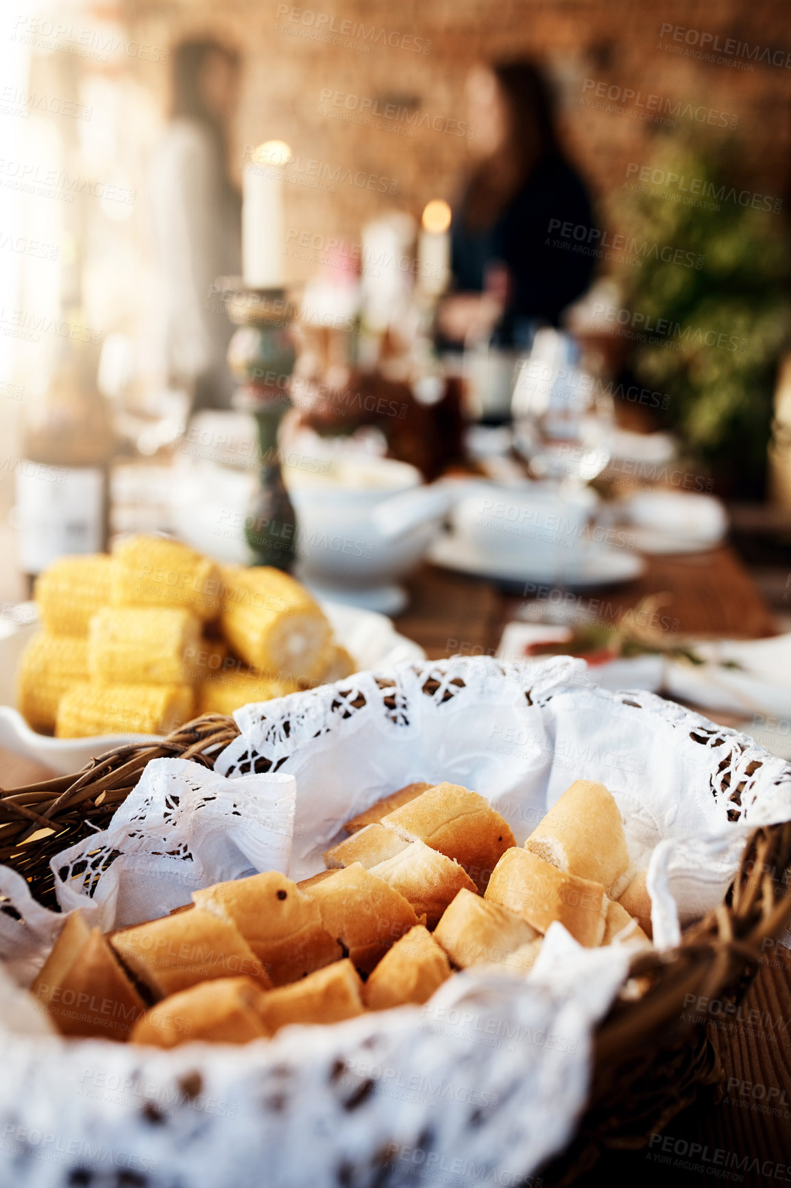 Buy stock photo Easter, holiday and bread in basket, celebration and food for festive, healthy and religion in dining room. Closeup, top view and table for Pasqua in Italy, breakfast or meal in morning for ceremony