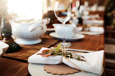 Buy stock photo Cropped shot of a dining table all laid out for Thanksgiving lunch