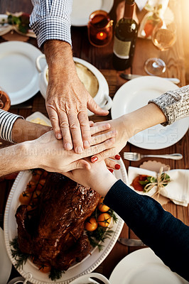 Buy stock photo Food, joining hands and people together at table to celebrate holiday, Christmas or thanksgiving. Above family or friends group with hand stack for gratitude, chicken or turkey for lunch or dinner