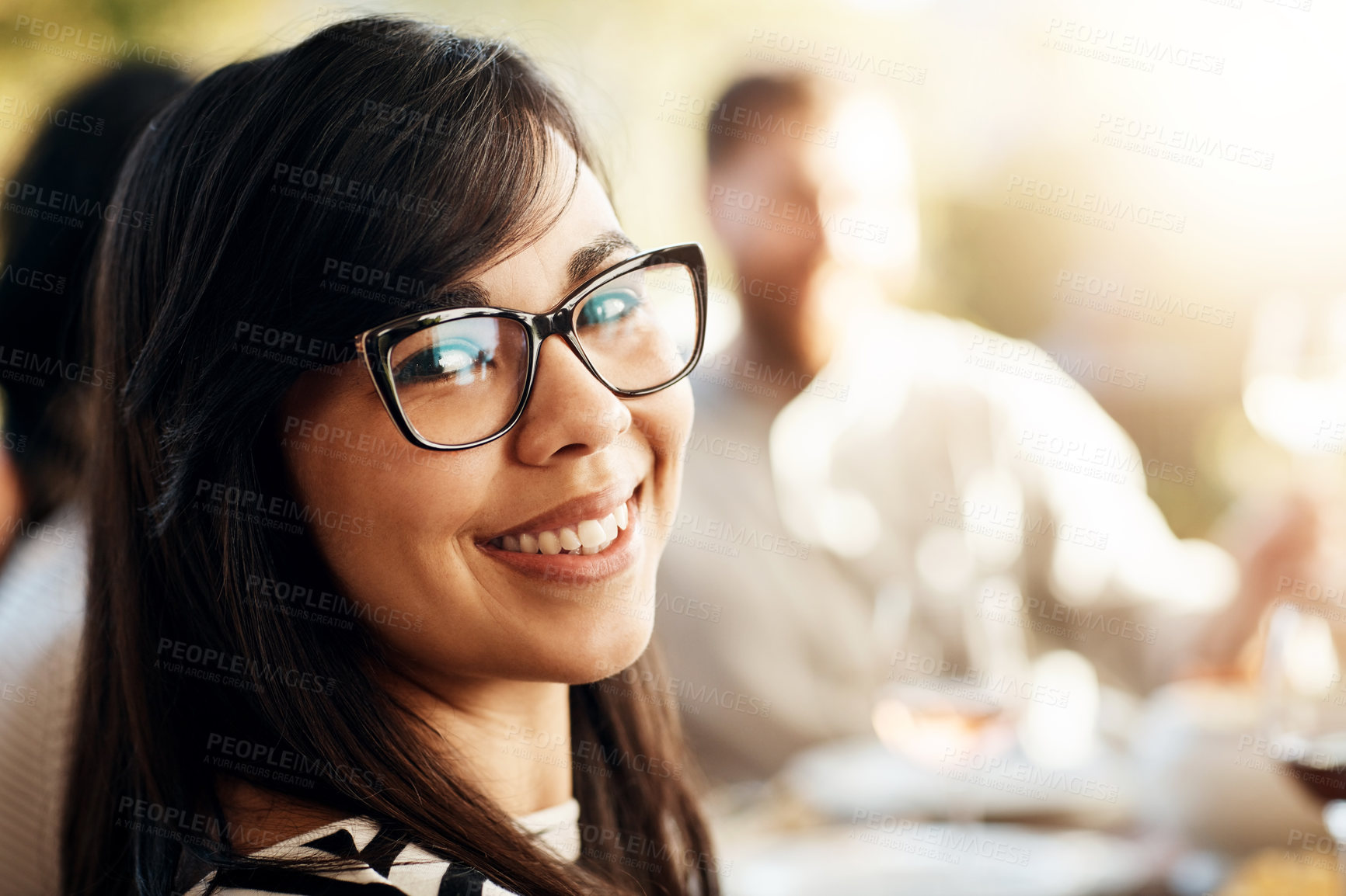 Buy stock photo Portrait, woman and thanksgiving for party outdoor with friends, family and holiday celebration of traditional reunion. Smile, female person and relax for brunch event, social hosting and house feast