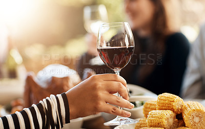 Buy stock photo Cropped shot of an unrecognizable young woman drinking a glass of wine at the Thanksgiving table