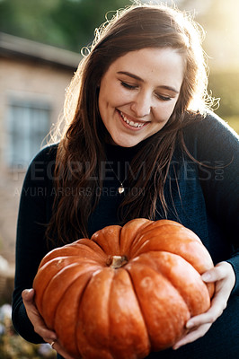 Buy stock photo Woman, outdoor pumpkin and farmer for harvest, orchard farm and countryside agriculture in nature. Female person, thanksgiving celebration and squash in sustainable environment, vegetable and season