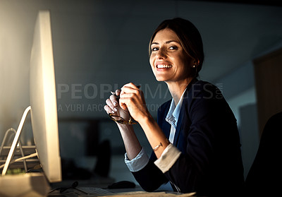 Buy stock photo Portrait, smile and businesswoman employee at night or glasses and pc in an office. Corporate, dark and female worker or project manager in the evening or company emails and dedicated on computer