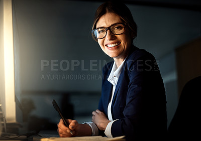 Buy stock photo Portrait, businesswoman and writing at night or glasses or smile and pc in formal office. Corporate, dark and female worker or professional or manager in the evening and company or emails on computer