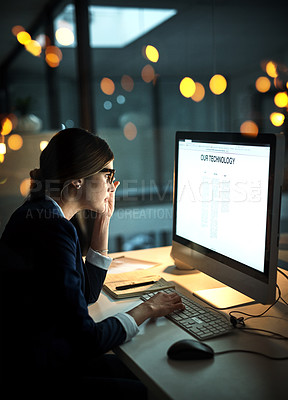 Buy stock photo Night, computer screen or business woman with research networking overtime on digital technology website. Late, lens flare or focused female employee online for company deadline on internet in office