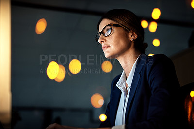 Buy stock photo Night, computer or businesswoman reading research or networking overtime on digital marketing strategy. Late, startup or focused employee online for project email deadline on internet at office desk