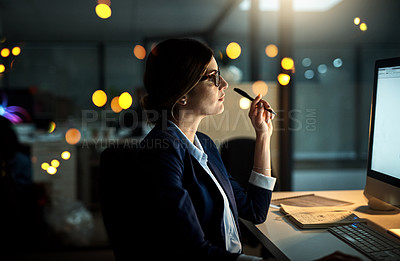 Buy stock photo Night, computer or business woman reading research or networking overtime on digital marketing strategy. Late, lens flare or focused employee online for project email deadline on internet in office