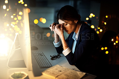 Buy stock photo Stress, night or businesswoman with office headache pain from job pressure, burnout or company fatigue. Bad migraine problem, anxiety or tired girl employee depressed or frustrated by late deadline