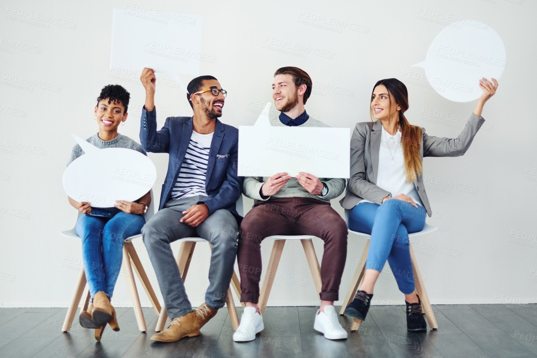 Buy stock photo poster, smile and speech bubble with business people in studio for advertising or marketing. Mockup space, recruitment or voice with happy man and woman employee group in office for communication