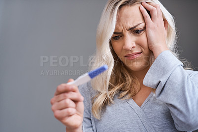 Buy stock photo Confused, mistake and pregnancy test with woman in studio isolated on gray background for mockup. Doubt, scratching head and question with person reading result for infertility or ivf treatment