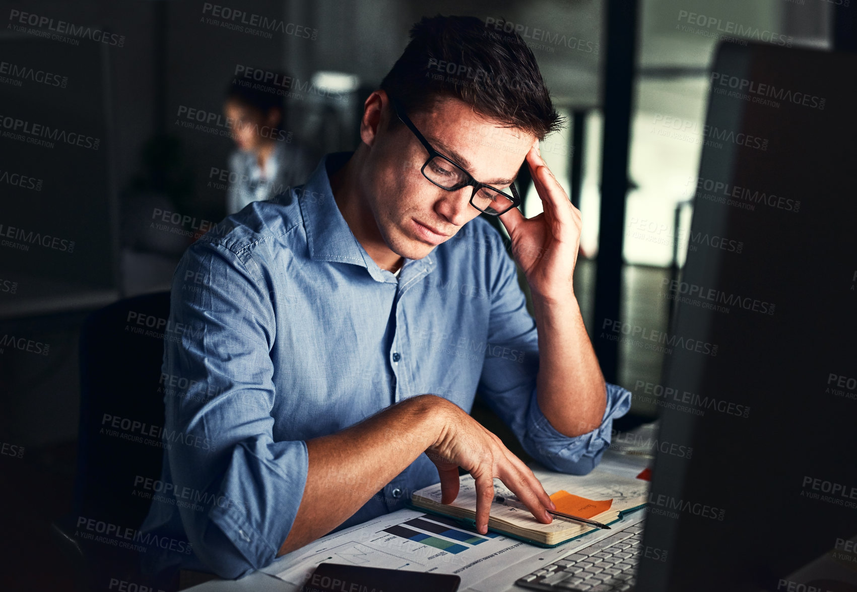 Buy stock photo Tired, overworked and exhausted business man feeling stress, anxiety and pressure while suffering with a headache or migraine and working late. Male employee doing overtime to meet a work deadline