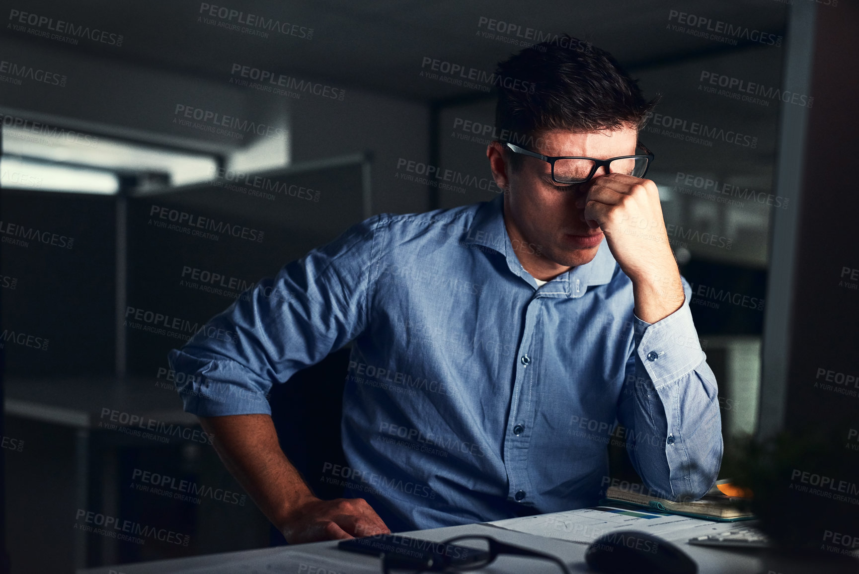 Buy stock photo Man, stressed and business or night office, working late and worried for company deadline. Mental health, crisis and headache for audit preparation, corporate and dark workplace for finance advisors