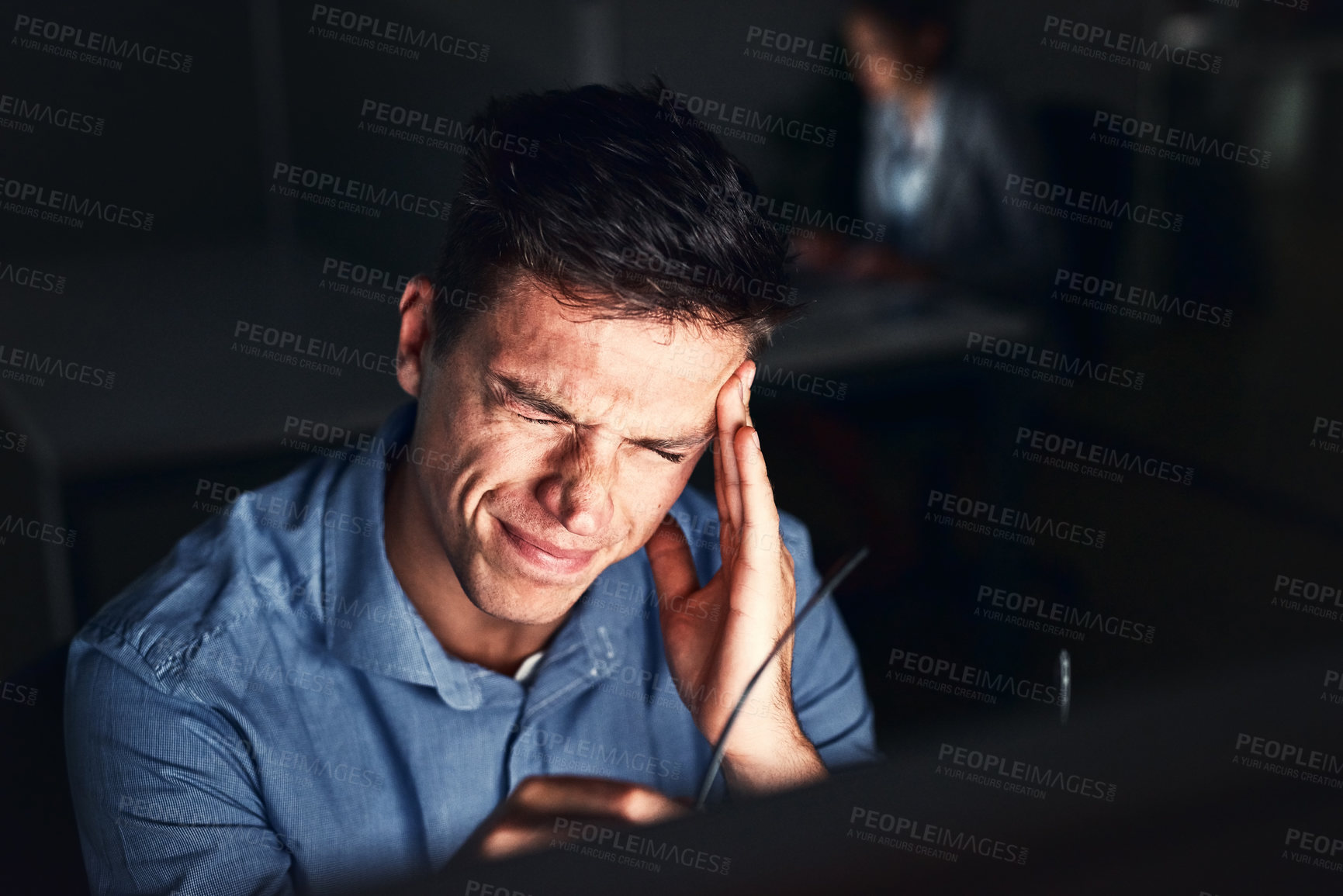 Buy stock photo Man, headache and business or dark in office, working late and worried or company deadline. Mental health, crisis and stressed or audit, corporate bankruptcy and night workplace or financial mistake
