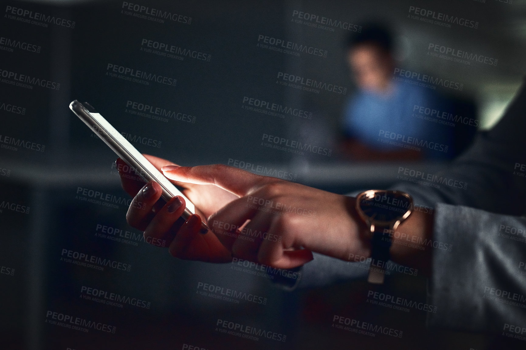 Buy stock photo Person, hands and typing with phone at night for business call, communication or email at office. Closeup, mobile smartphone or employee working late for online browsing, research or app at workplace