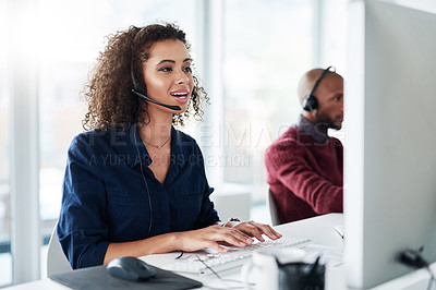 Buy stock photo Consulting, virtual assistant or African woman in call centre, telecom or tech support for customer care. Consultant, telemarketing or serious inbound agent on computer with advice, help or headset 