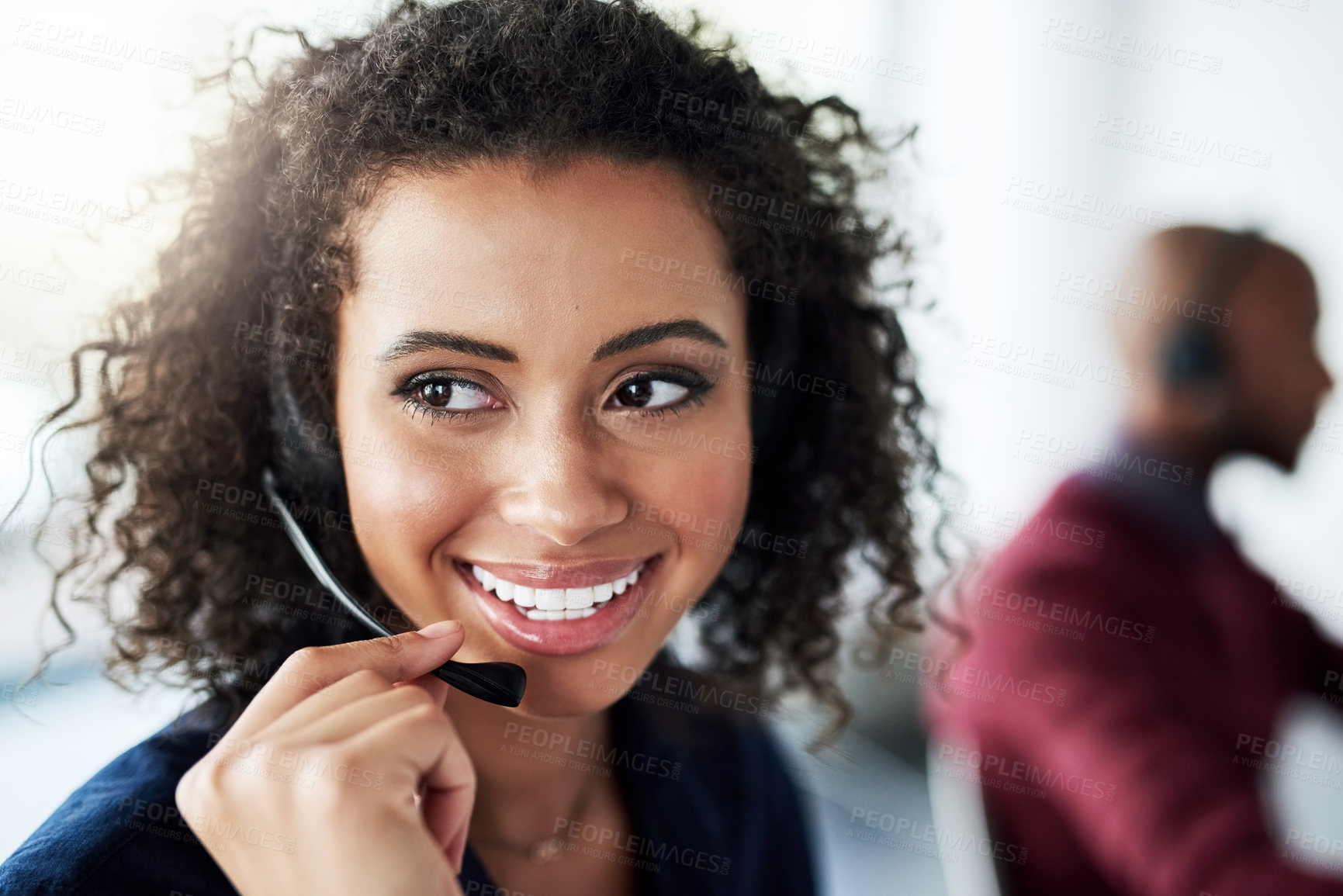 Buy stock photo Call center agent and woman with a smile, thinking and telemarketing with client service, help and speaking. Female person, happy employee and consultant with headphones, tech support and happiness