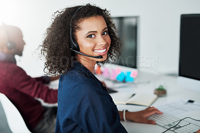 Buy stock photo CRM, virtual assistant or portrait of happy woman in call centre, telecom or tech support for customer care. Consultant, telemarketing or inbound agent with loan advice, help or headset in discussion