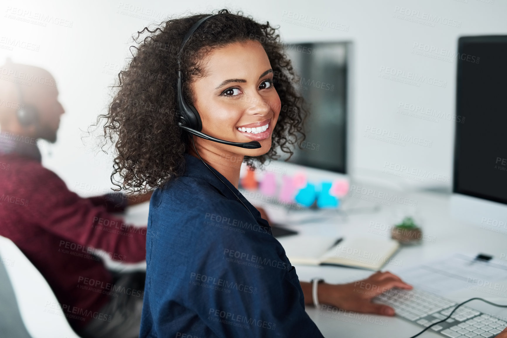 Buy stock photo CRM, virtual assistant or portrait of happy woman in call centre, telecom or tech support for customer care. Consultant, telemarketing or inbound agent with loan advice, help or headset in discussion