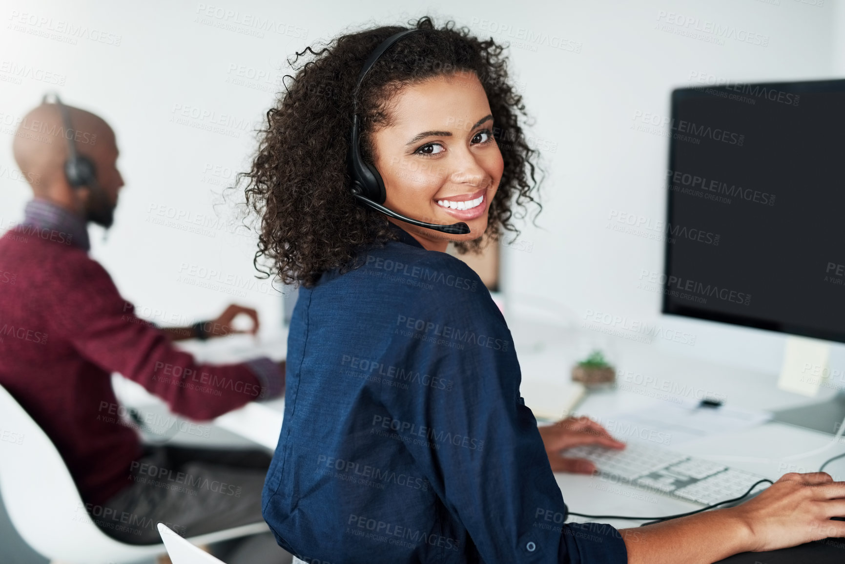 Buy stock photo CRM, African or portrait of happy woman in call centre, telecom or tech support for customer care. Consultant, telemarketing or face of inbound agent with loan advice, help or headset in discussion