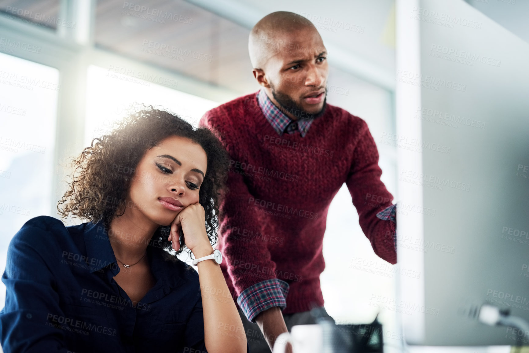 Buy stock photo Project, woman and supervisor in office, bored and reporter with feedback, research and reading of article. Computer, man talking to uninterested coworker, journalist and team in business and media