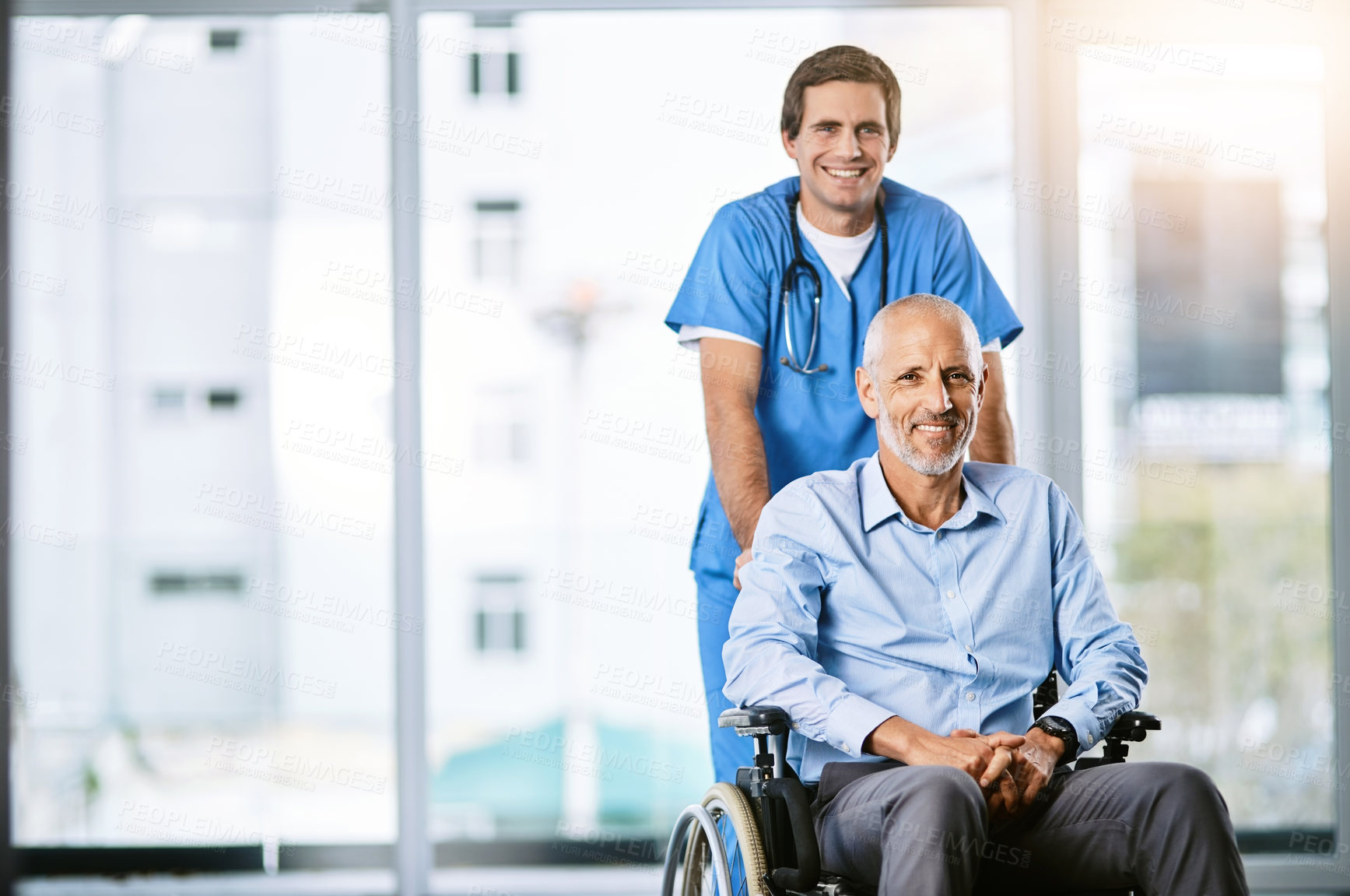 Buy stock photo Man, wheelchair and doctor for healthcare, medical and help for community care patient. Happy, smile and male person with a disability and caregiver, portrait and rehabilitation with nurse service