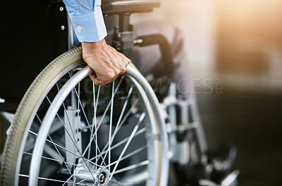 Buy stock photo Wheelchair, care and man hand holding wheel in a hospital for healthcare. Person with disability, mobility and male adult in clinic for support and medical help with hands of patient and mockup