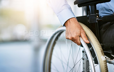 Buy stock photo Wheelchair, disability and man hand holding wheel in a hospital for healthcare. Disabled, mobility problem and male person in a clinic for support and medical care with hands of patient and mockup
