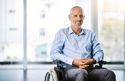 Buy stock photo Healthcare, wheelchair and portrait of a man with a disability at a hospital for rehabilitation. Disabled, health insurance and a senior patient with a smile at a clinic for nursing and recovery care