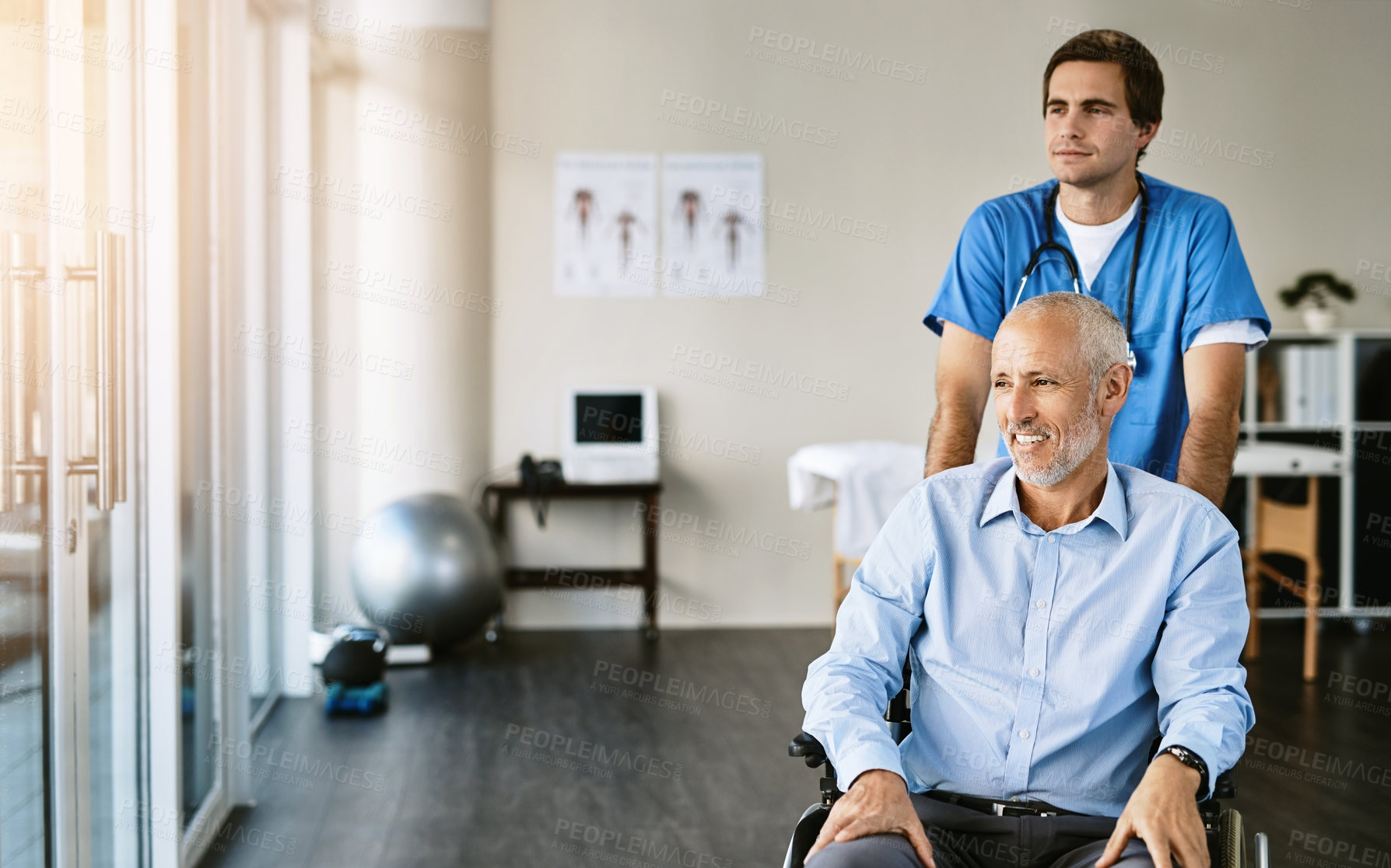 Buy stock photo Doctor, man and thinking in hospital with wheelchair for support and healthcare service for wellness. Medical professional, happy and elderly patient with disability in clinic for physiotherapy