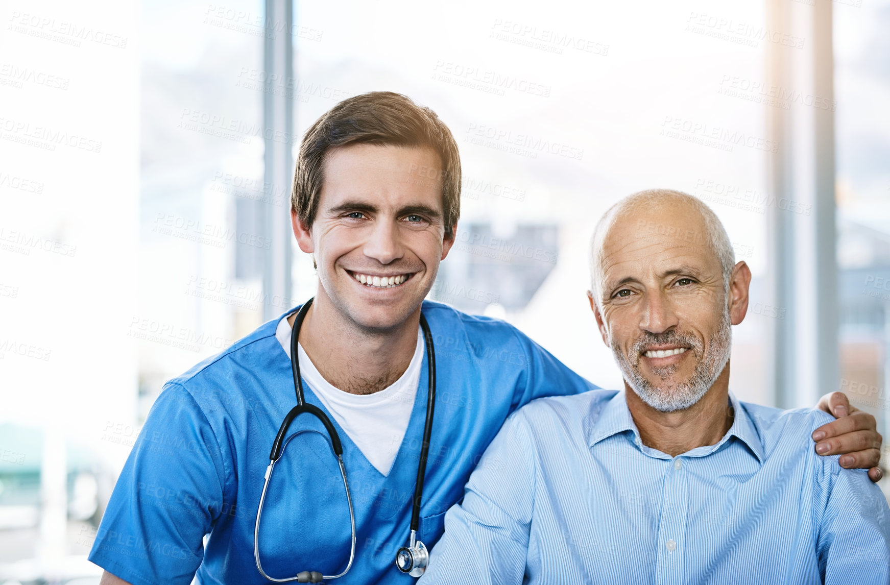 Buy stock photo Portrait of a male nurse caring for a senior patient