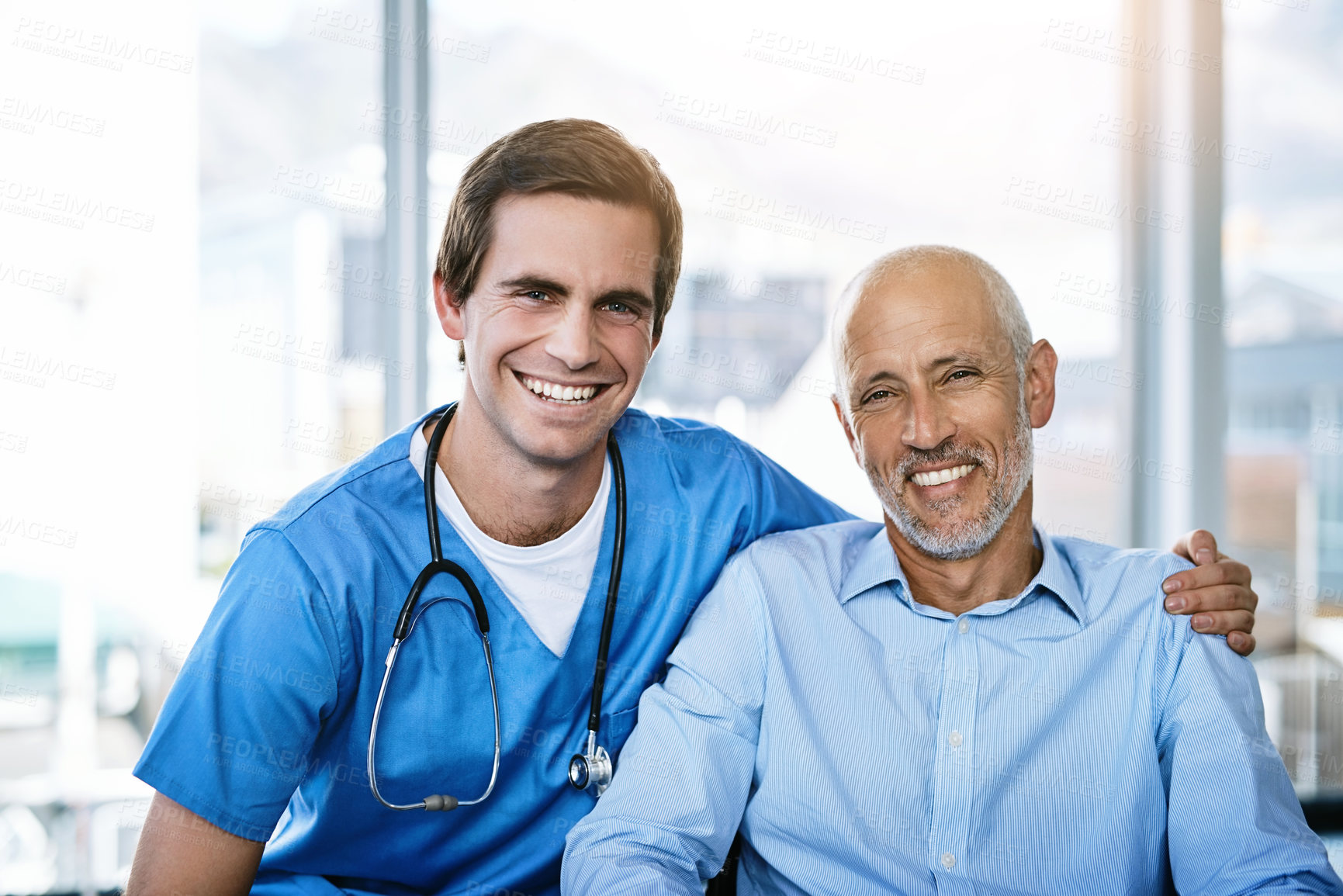 Buy stock photo Portrait of a male nurse caring for a senior patient
