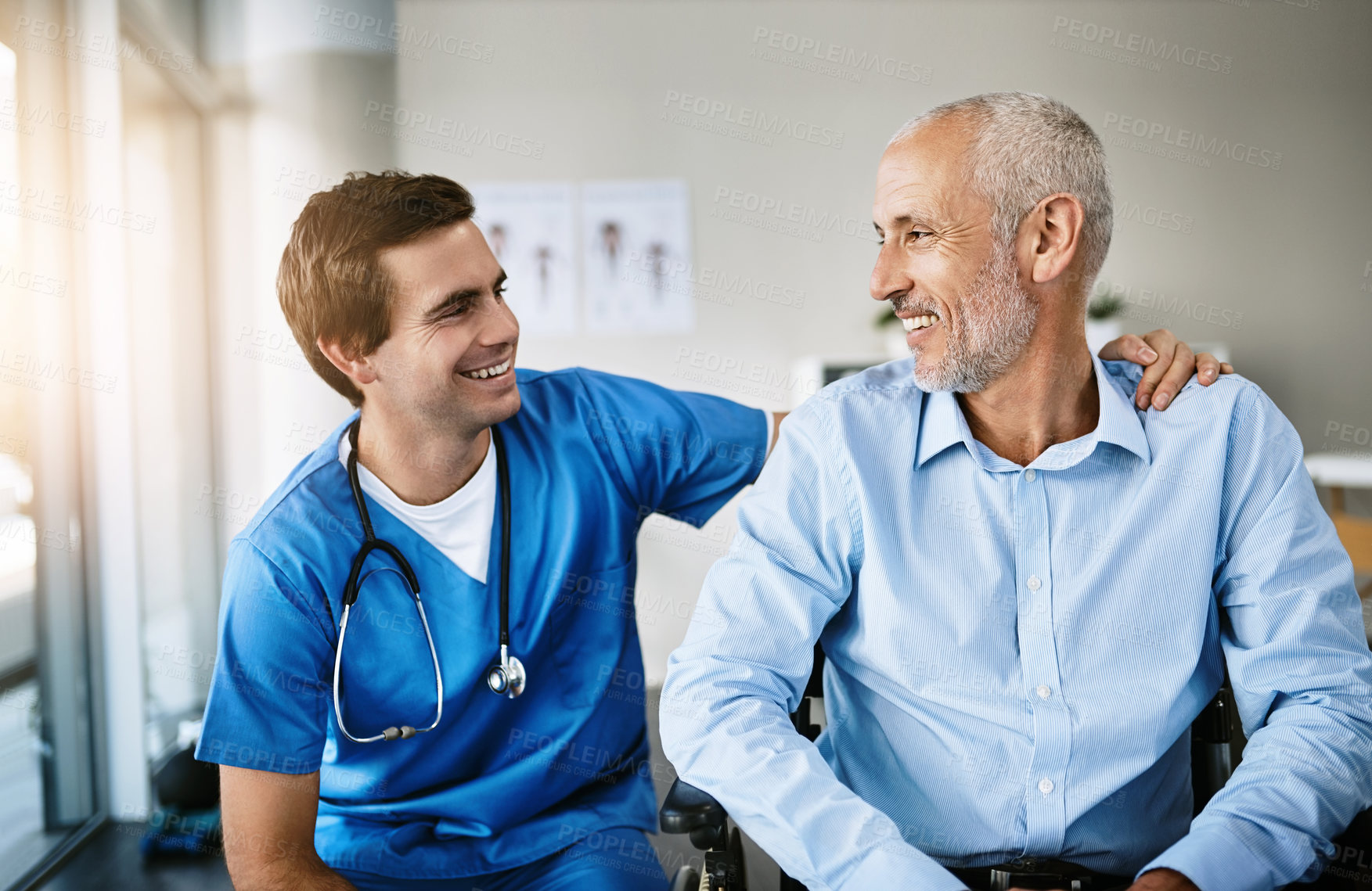 Buy stock photo Senior, man and nurse with patient in clinic, care and together for wellness consultation with medical employee. Support, healthcare and wheelchair for person with a disability, hospital and trust