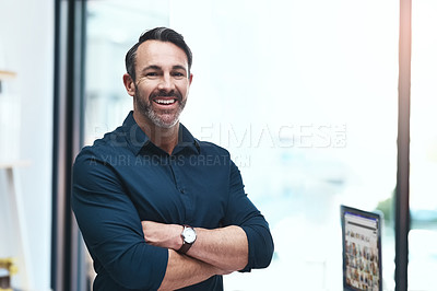 Buy stock photo Portrait of a mature businessman standing in his office